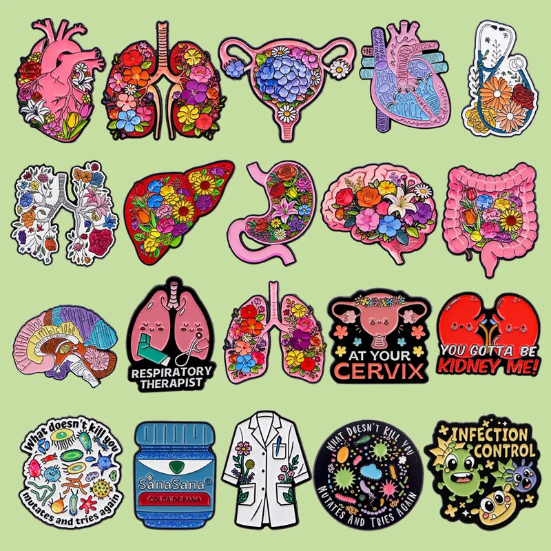Medical Enamel Pin Brooch Set - Flower Brain Heart Lungs Badge Jewelry for Healthcare Professionals