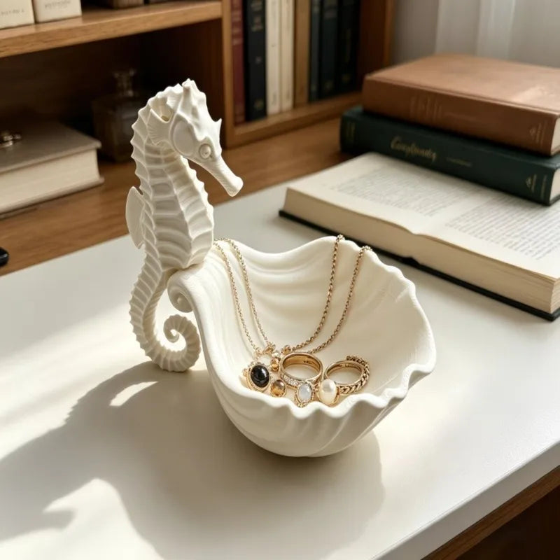Seahorse-Shaped Plastic Jewelry Storage Tray - Desktop Organizer, White
