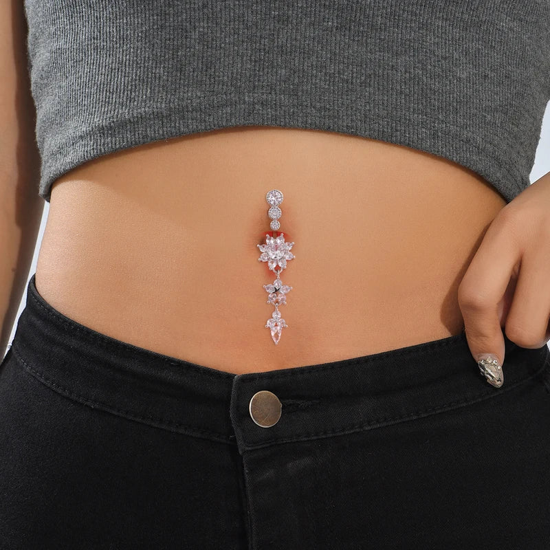 Long Dangled Flower CZ Belly Button Ring Stainless Steel Navel Piercing Jewelry
