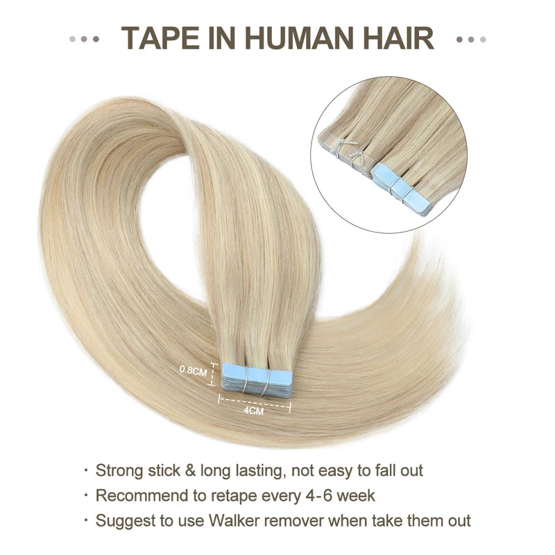 Human Hair Tape-In Extensions 20PCS Seamless Skin Weft for Full Head Volume