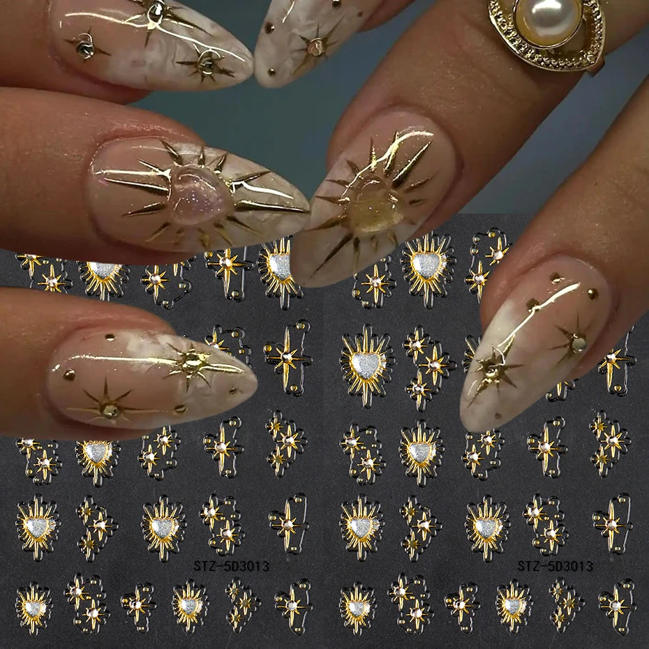 2Pcs Shiny Gold Heart and Star Nail Art Stickers - 3D Rhinestone Decals