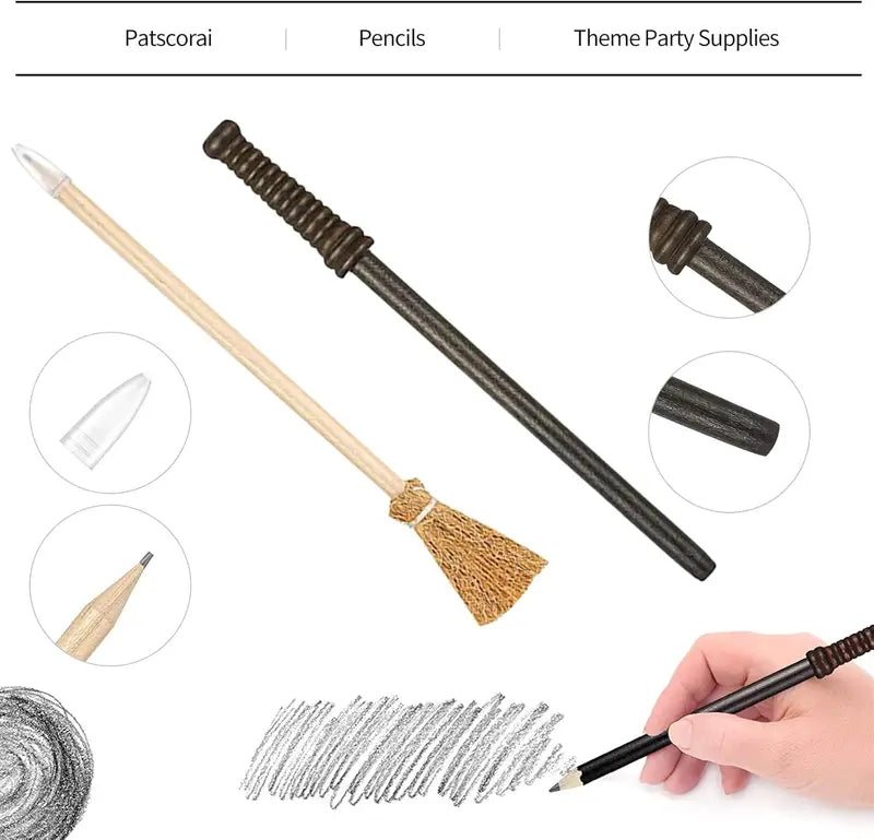Wizard Party Favors Set with Wand Pencils, Glasses, Brooms & Lightning Tattoos