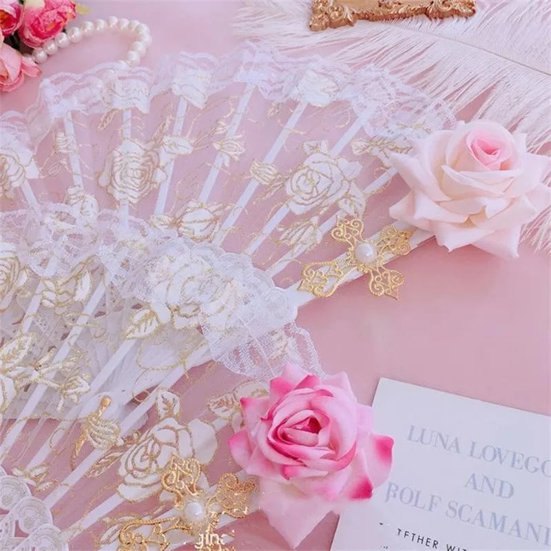 Vintage Gothic Lace Hand Fan for Weddings & Parties - Victorian Style Black Red Pink