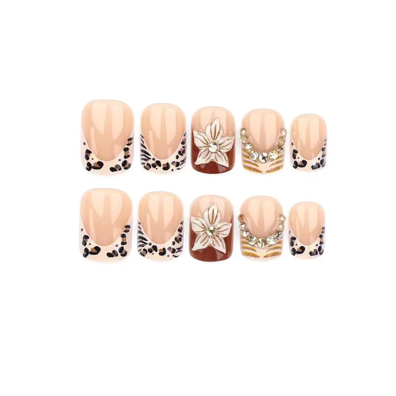 24Pcs Leopard Print French Fake Nails Set with Diamond Design - Short Square Press-On Nails