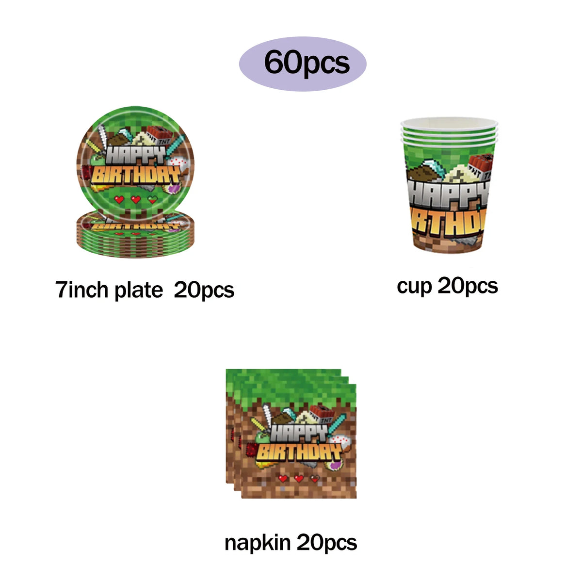Pixel Birthday Party Decoration Set - Tableware for Halloween & Themed Events