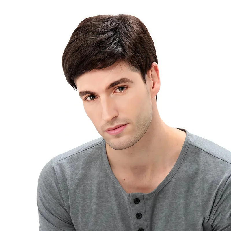 Men's Brown Short Fluffy Synthetic Wig with Side Bangs, Heat-Resistant Coily Fiber for Cosplay