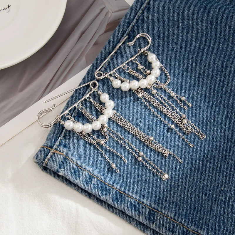 Retro Sweet Imitation Pearl Metal Chain Tassel Pendant Jewelry Pin Foot Chain for Girl Fashion