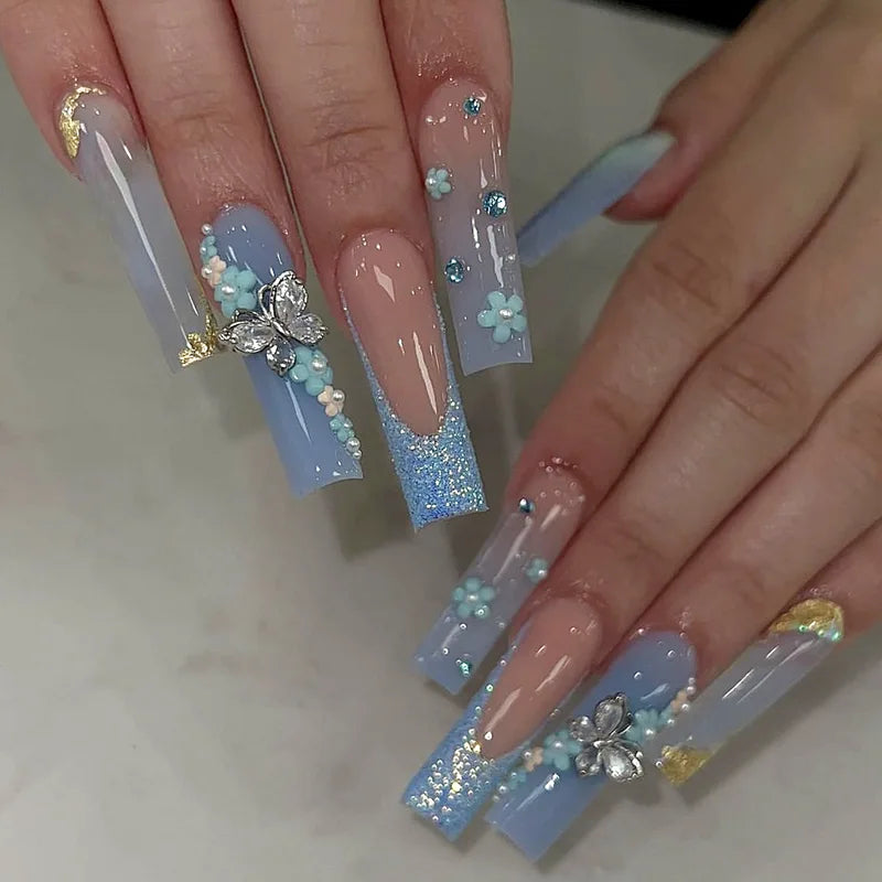24Pcs Long Square French Fake Nail Tips with 3D Love Heart & Rhinestone Design