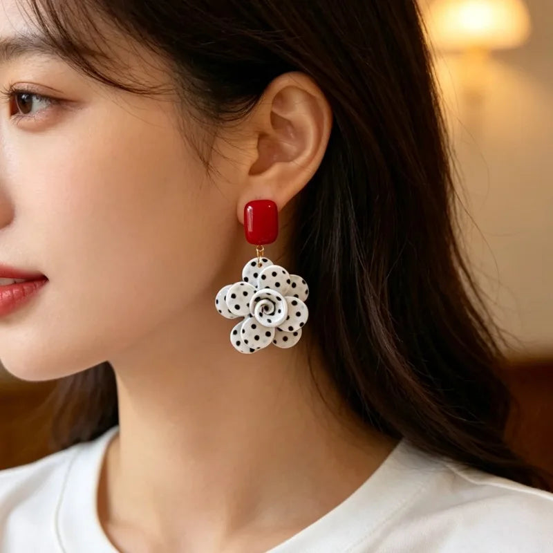 Vintage Elegant Polka Dot Flower Pendant Earrings for Women - Jewelry Gift