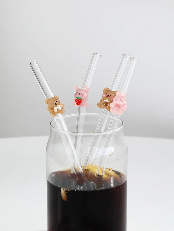 Cartoon Rabbit & Bear Glass Drinking Straws, Reusable Bendable Drinkware for Smoothies & Cocktails