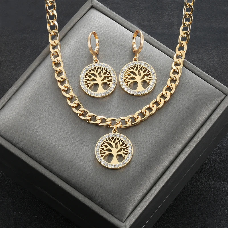 Women's Jewelry Set Rhinestone Tree of Life Pendant Necklace Hoop Earrings Gold