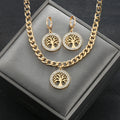 Women's Jewelry Set Rhinestone Tree of Life Pendant Necklace Hoop Earrings Gold