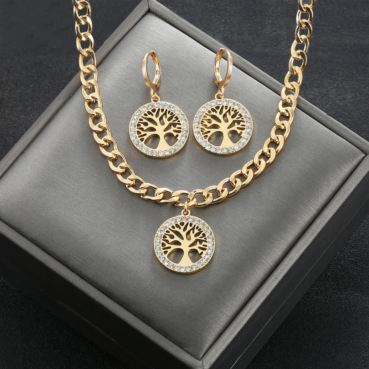 Women's Jewelry Set Rhinestone Tree of Life Pendant Necklace Hoop Earrings Gold