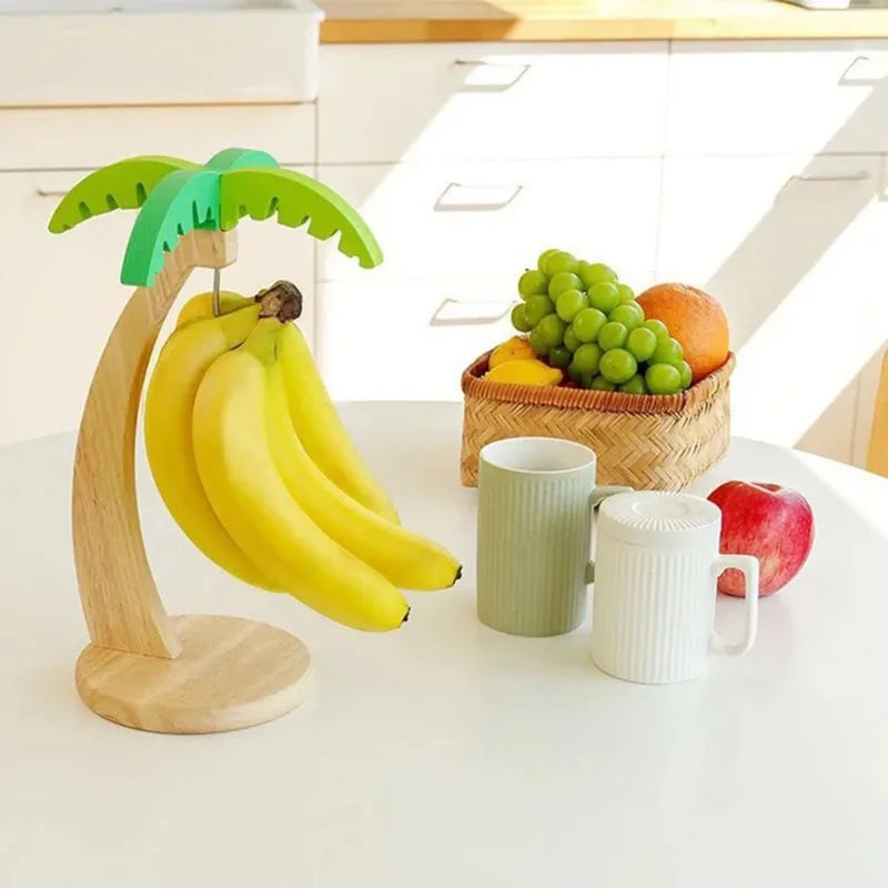 Hanging Wooden Banana Rack with Leaf Decor - Fruit Storage Shelf for Kitchen