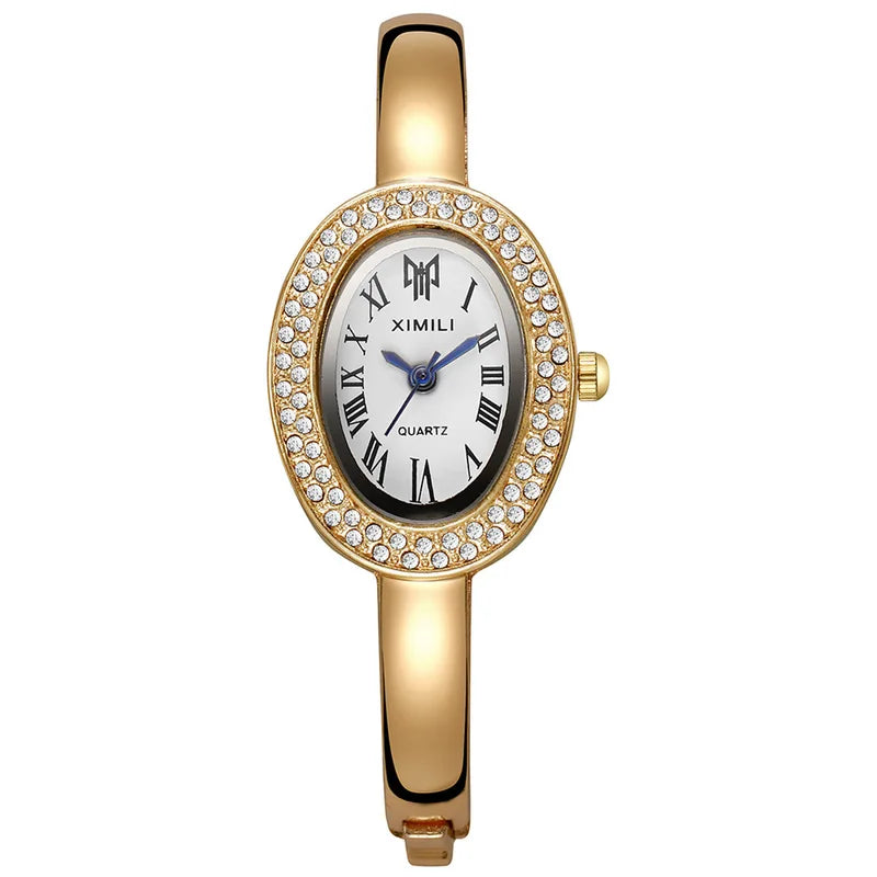 Oval Women's Diamond Quartz Watch with Alloy Strap and Roman Dial