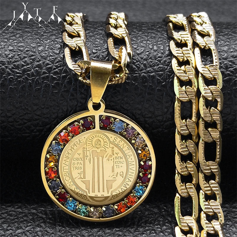 Colorful Crystal Saint Benedict Medal Necklace Women Men Stainless Steel Chain Jewelry