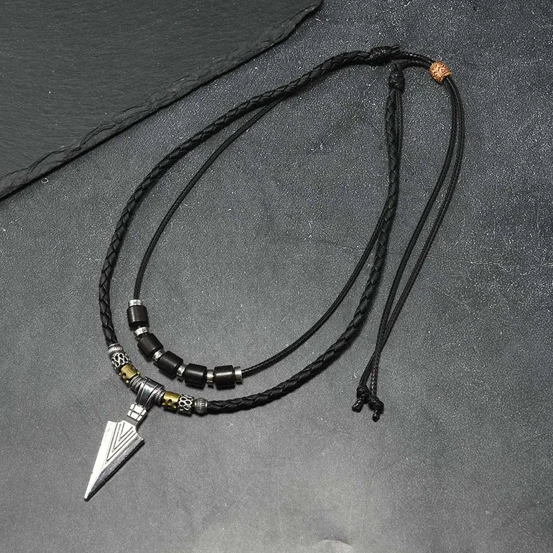 Men's Viking Arrowhead Necklace Ethnic Tribal Leather Pendant Boho Jewelry