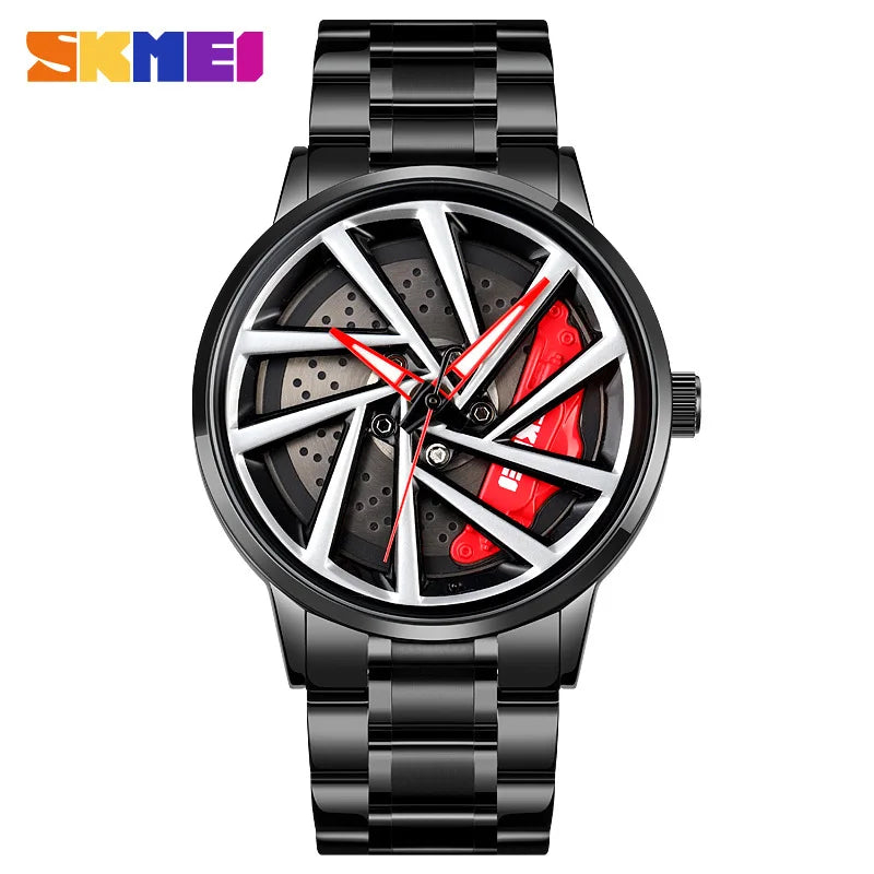 Men's Quartz Watch with Rotating Car Wheel Dial Waterproof Sports Racing Style