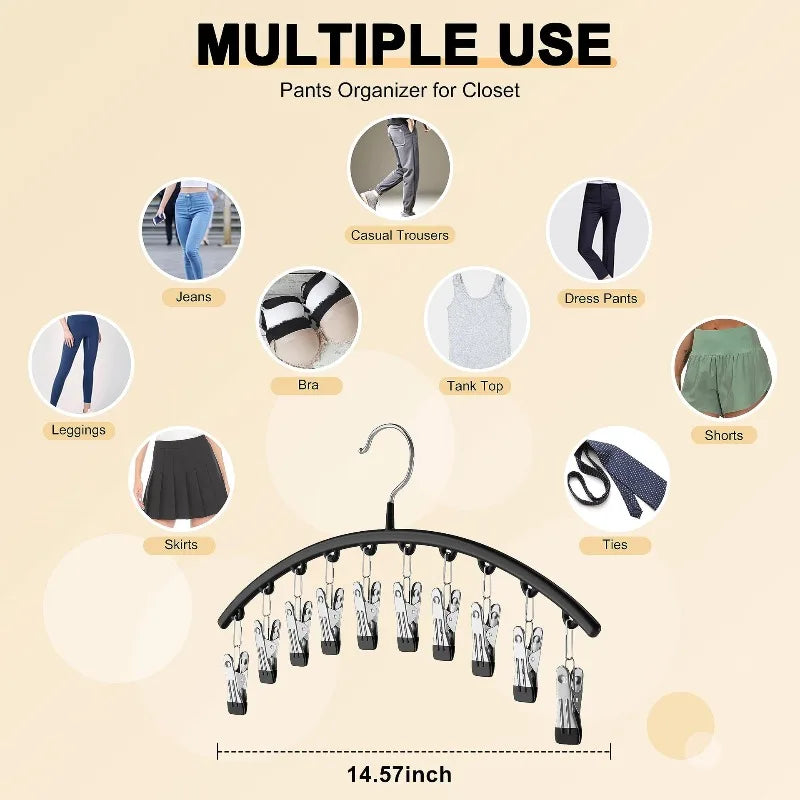 Multi-Shape Metal Hangers with 10 Clothespins for Closet Pants Hats Organizer