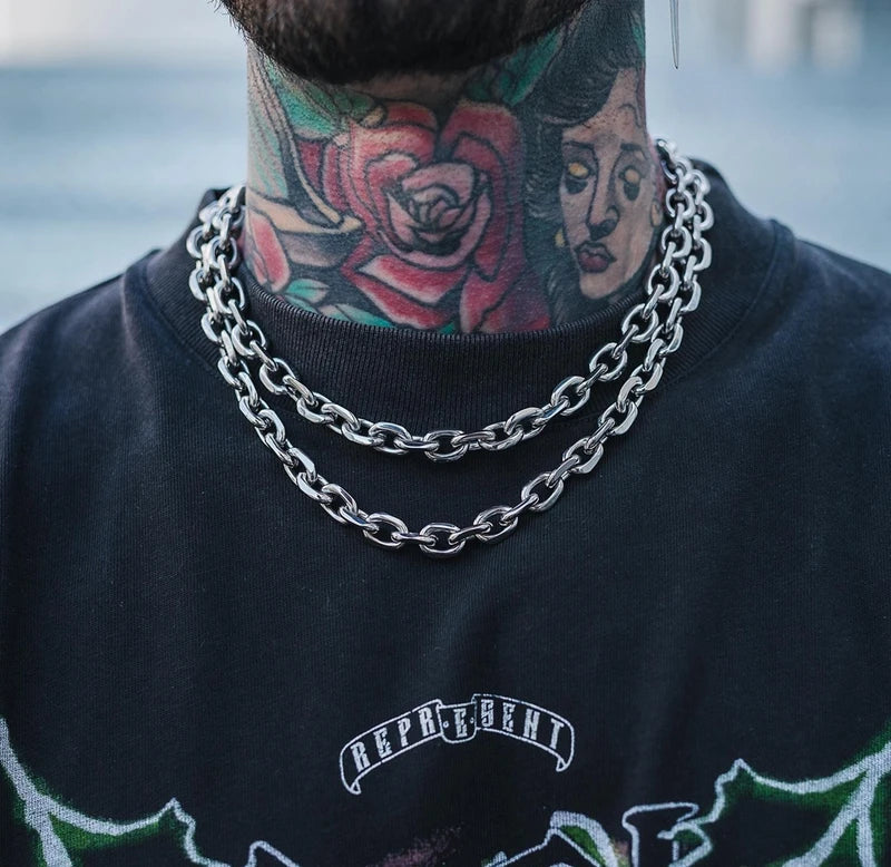 Chunky Beveled Cable Chain Necklace with Stainless Steel Link - Punk Gothic Jewelry for Men