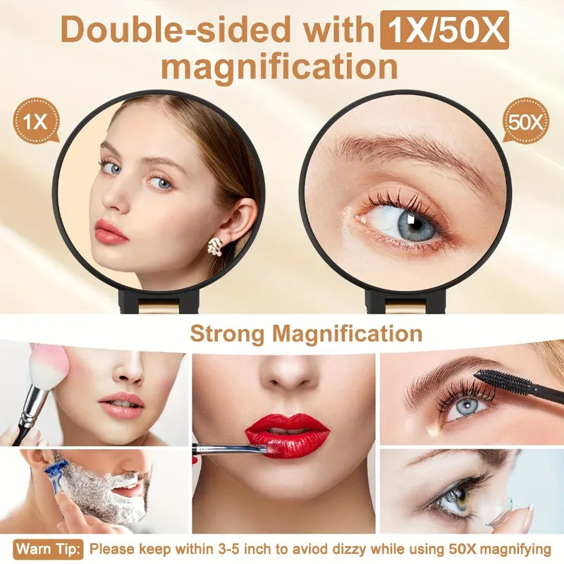 Double-Sided Handheld Makeup Mirror with 1X/50X Magnification Portable Folding Travel Mirror