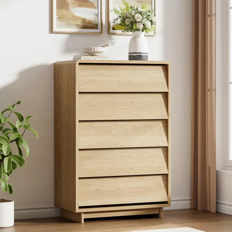 Modern 5-Drawer Wood Dresser with Handle-Free Curved Edges - Bedroom & Living Room Storage
