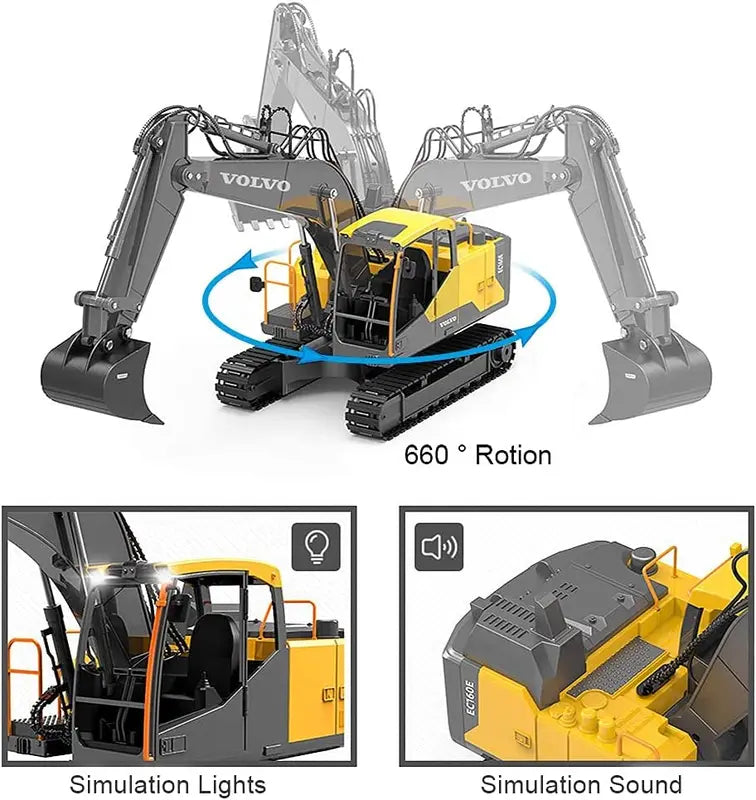 RC Excavator 1:16 Scale 3-in-1 Remote Control Crawler Truck with Alloy Body