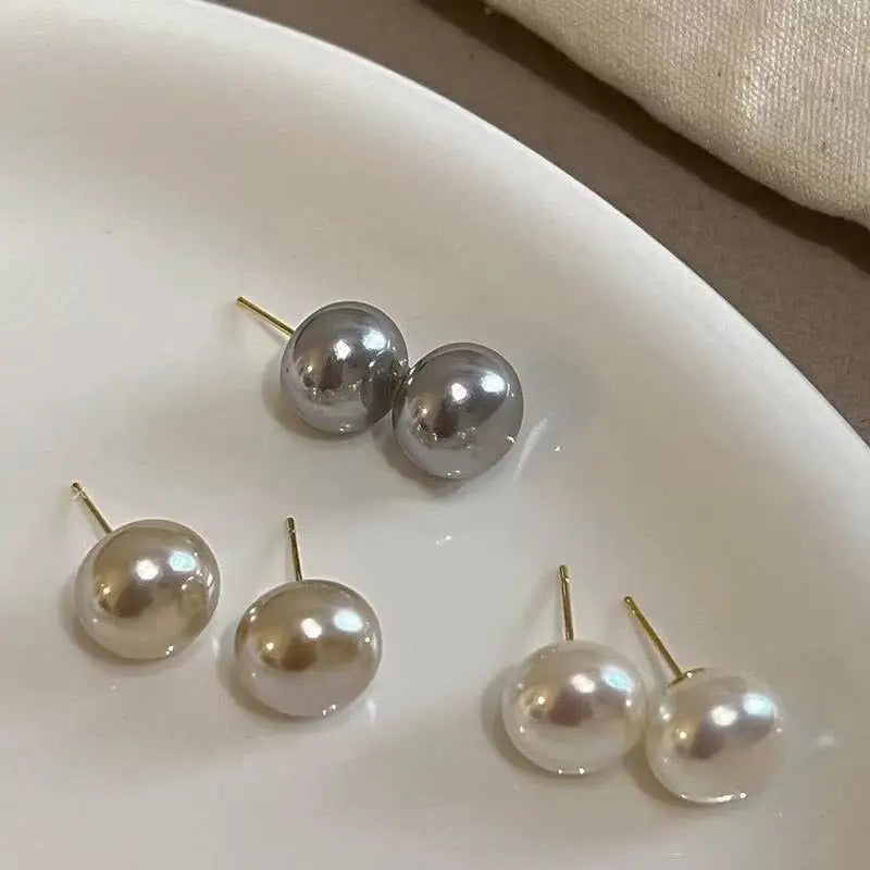 Pearl Stud Earrings Women Girls Flat Round Jewelry Romantic Gift
