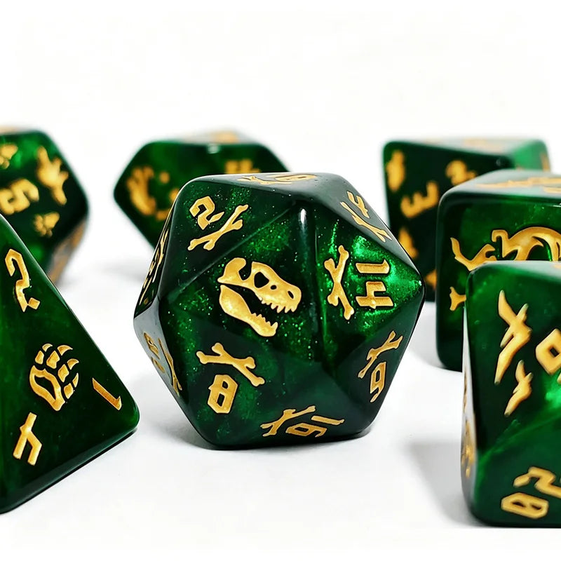 7-Piece Green Dinosaur Dice Set with Gold Skeleton & Footprint Symbols for RPG & D&D