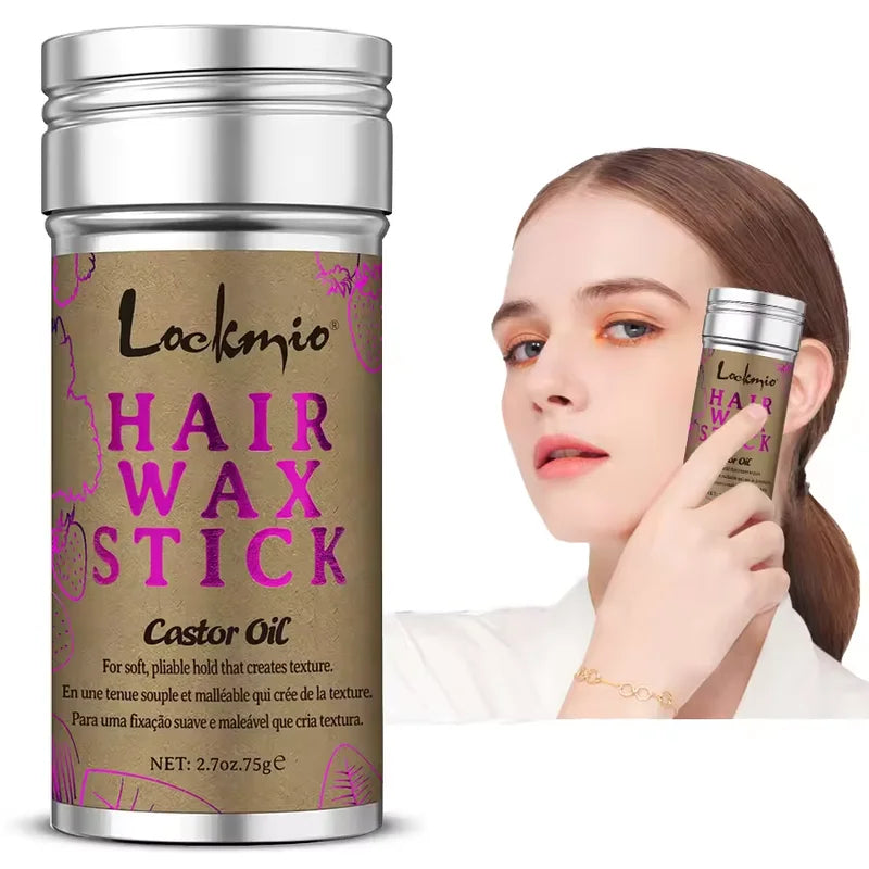 Hair Wax Stick with Castor Oil & Strawberry Scent - Tames Frizz & Flyaways, Strong Hold, Smoothing & Nourishing