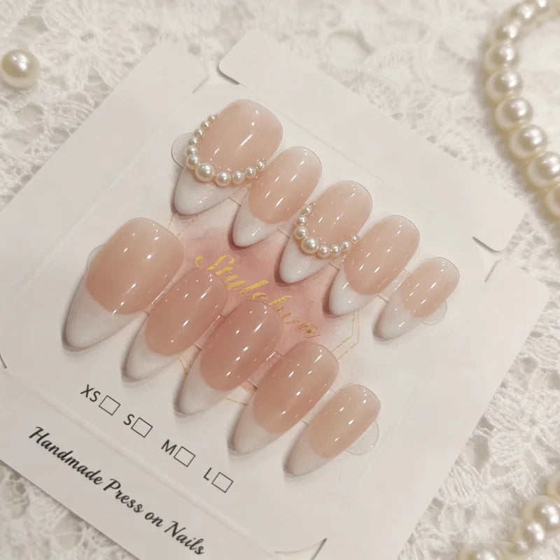 10 Pcs French Almond Cat-Eye Nude Press-On Nails Short Fake Nail Set for Women & Girls