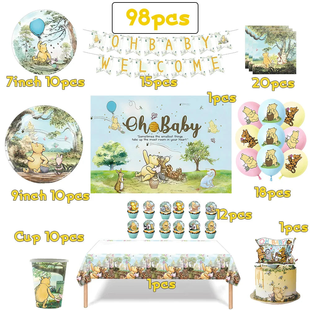 Winnie the Pooh Birthday Party Supplies Set – Disposable Plates Cups Napkins Banners for Kids & Baby Showers