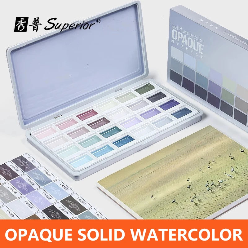 Opaque Semi-Dry Watercolor Paint Set - 24 Colors, Beginner Art Supplies