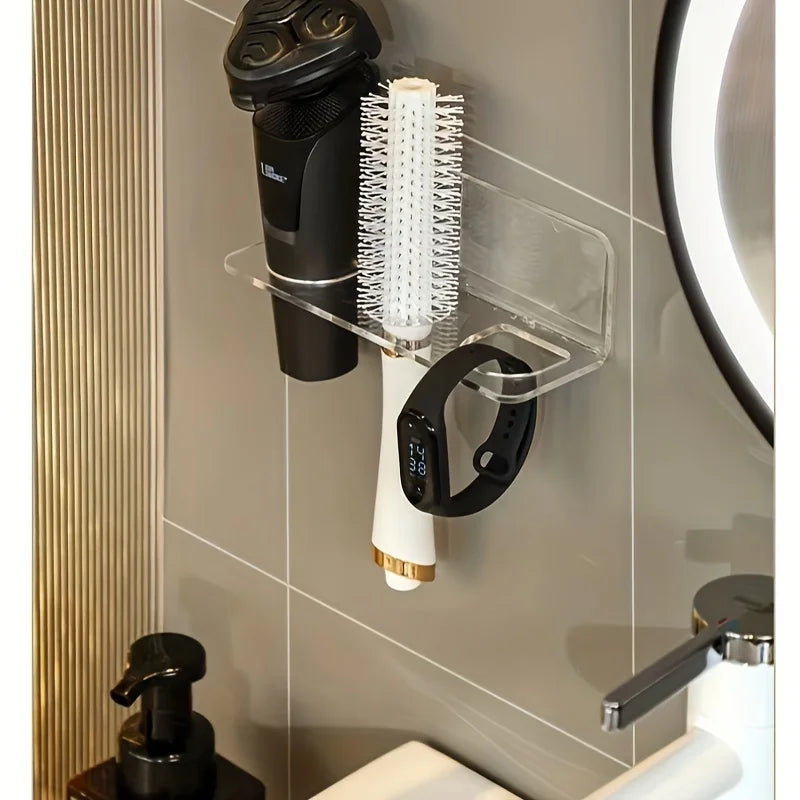 Acrylic Wall-Mounted Bathroom Organizer No-Drill Storage Rack for Hair Brushes & Toiletries