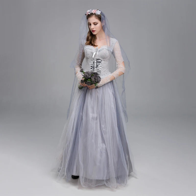 Women Halloween Dead Bride Costume Corset Dress & Veil Set for Cosplay