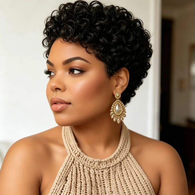 Short Pixie Human Hair Wig for Women Curly Wavy Bob Cut with Bangs