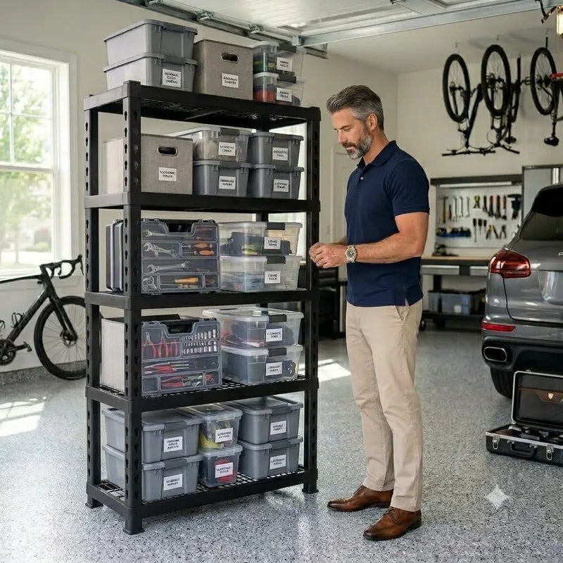 Heavy Duty 5-Tier Garage Shelving Unit - Space-Saving Metal Storage Rack with MDF Boards