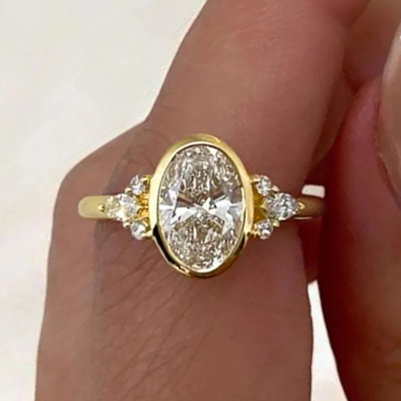 Gold Color Oval Cubic Zirconia Wedding Ring for Women - Elegant Engagement Jewelry