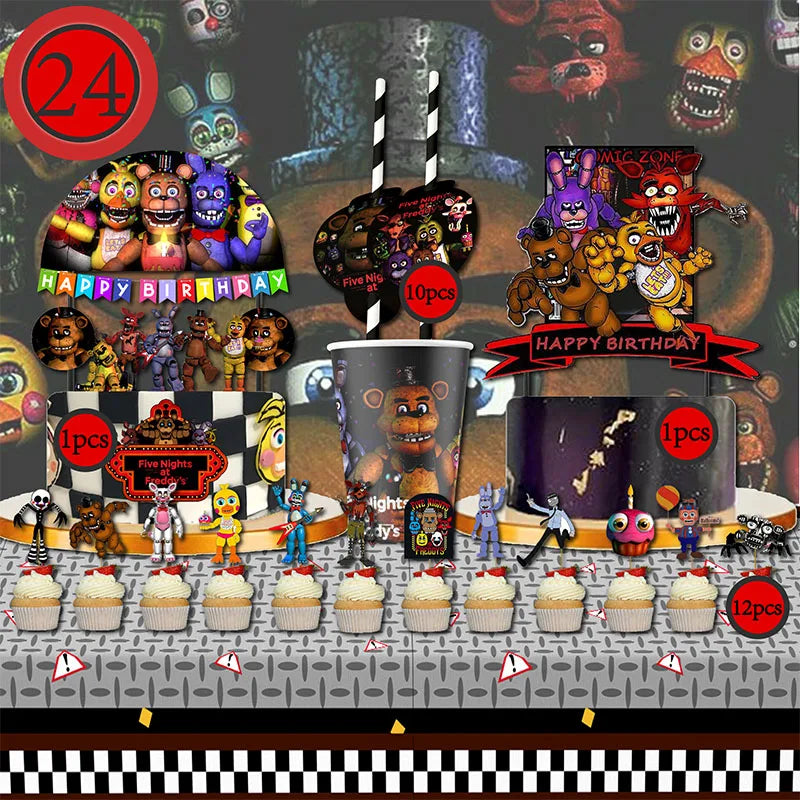 FNAF Themed Cake Flag & Cupcake & Straw Set for Birthday & Halloween Parties