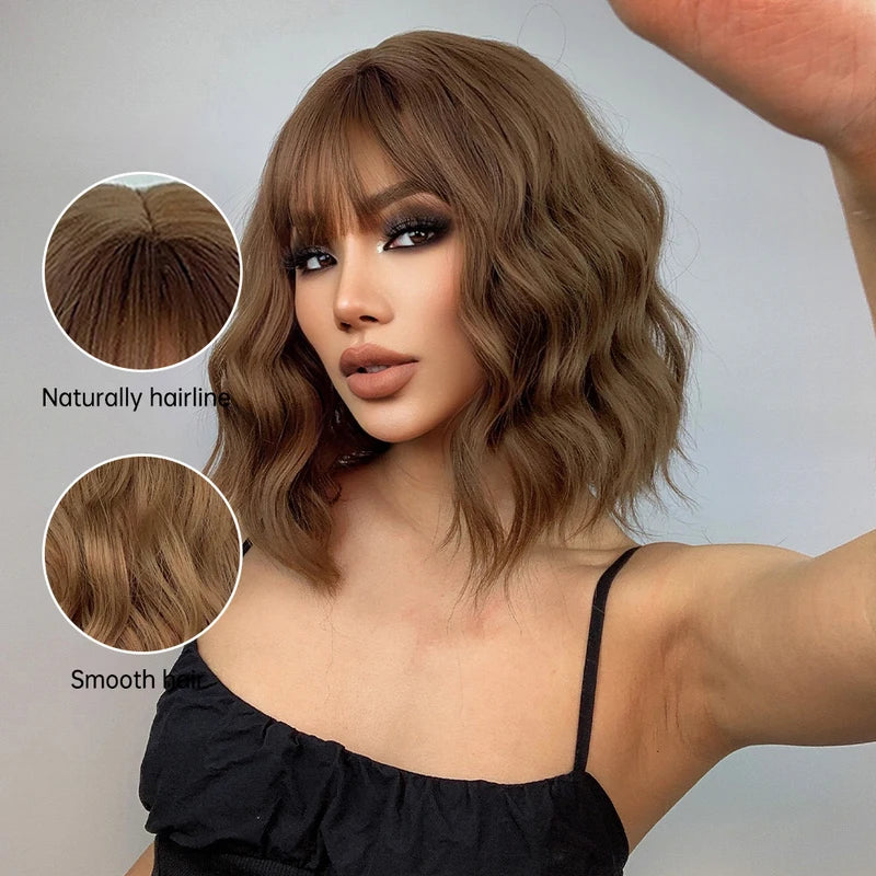 Short Wavy Honey Brown Copper Synthetic Wig with Bangs for Women - Heat-Resistant Cosplay & Daily Use