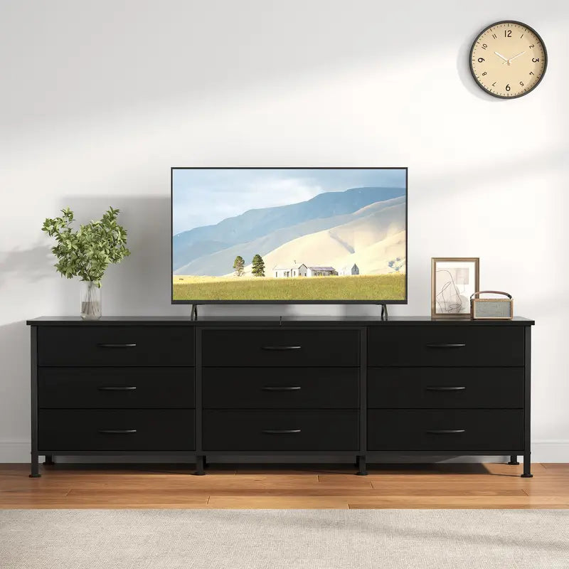 Long Living Room Cabinet with 9 Fabric Drawers - TV Storage & Display Furniture