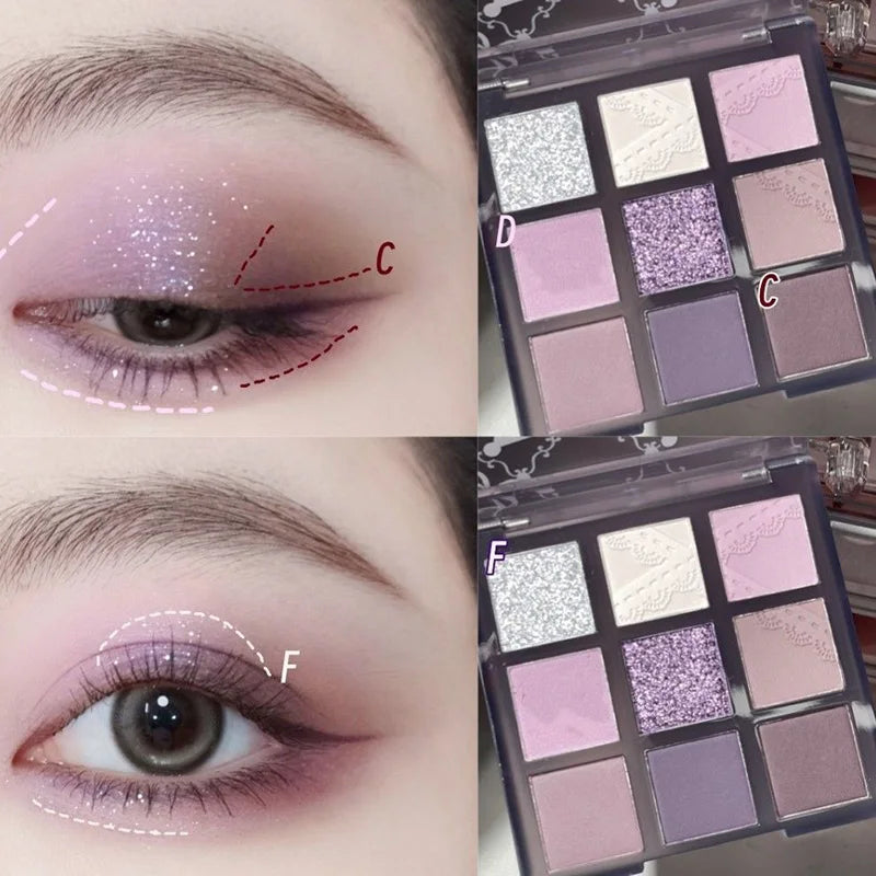 Purple Lavender Eyeshadow Palette - Nine Color Glitter Makeup Set for Eye Contouring