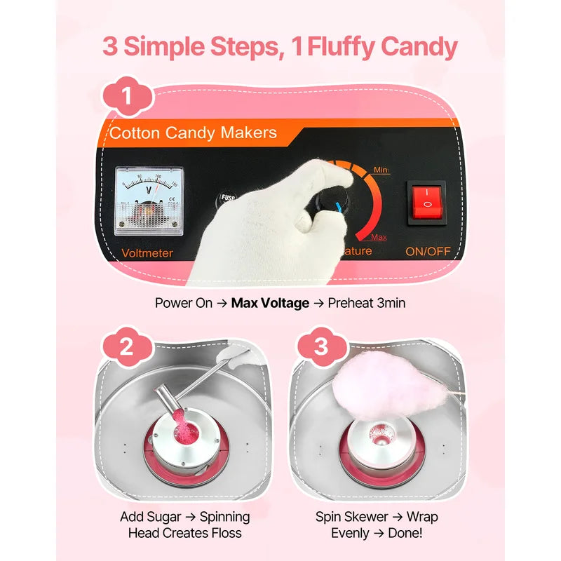 Commercial Cotton Candy Machine 1000W with 15-Inch Stainless Steel Bowl - Easy Operation