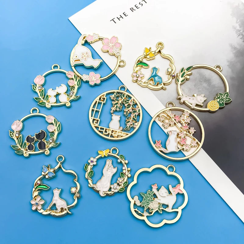 10pcs Alloy Pendant Set with Enamel Leaf and Cat Charms for DIY Jewelry Making