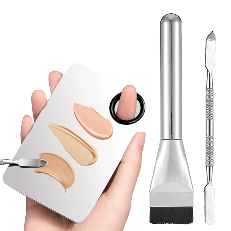 3-Piece Stainless Steel Makeup Palette Set with Spatula - Professional Cosmetic Mixing Tools