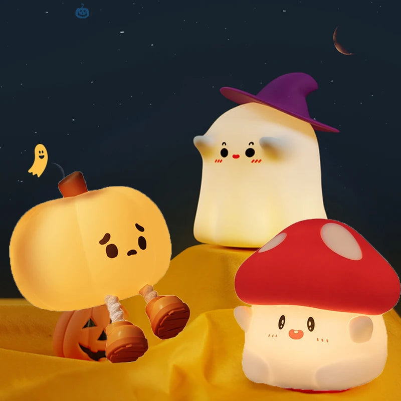 Halloween LED Night Light Silicone Mushroom Pumpkin Ghost Cartoon Kid Bedroom Nightlight