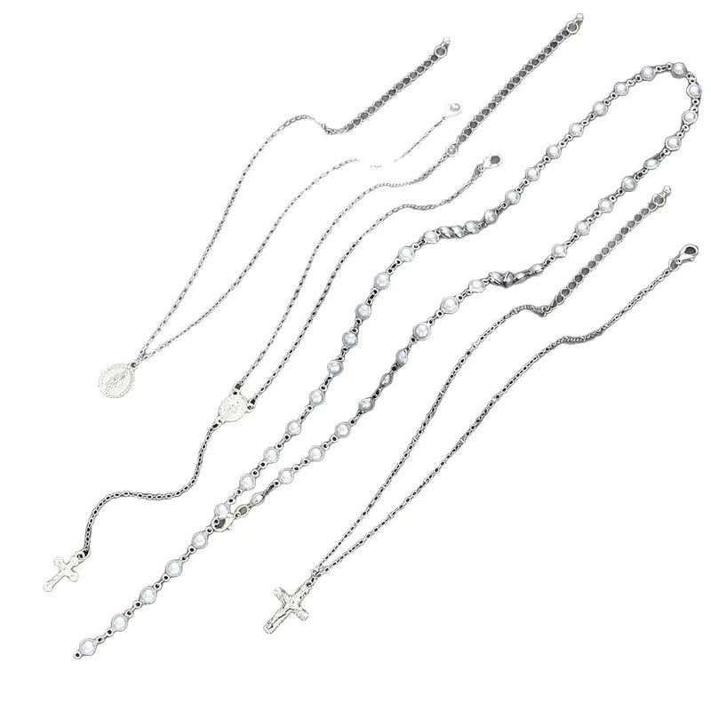 Boho Multi Layer Pearl Necklace Set for Women with Cross Pendant | Hip Hop Jewelry