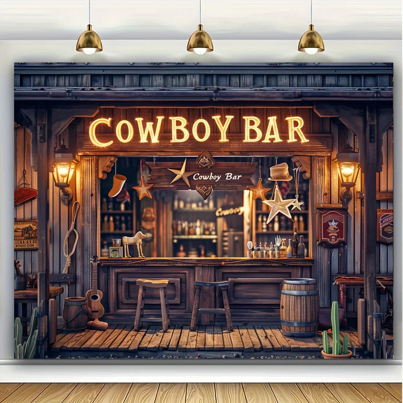 Retro Western Bar Background Banner - Homer Themed Party Decor with Wooden Bar, Wheel Bucket & Stool