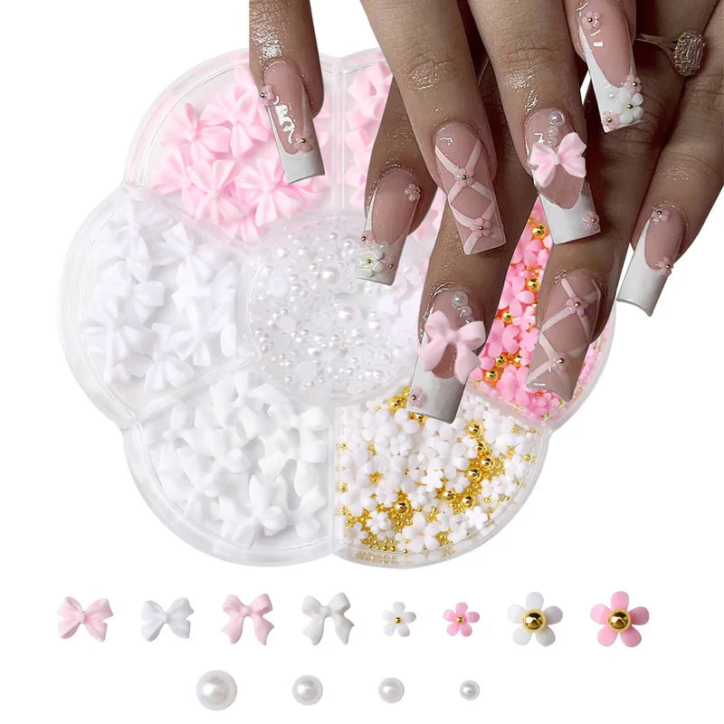3D Flower Nail Art Decorations Kit with Beads & Floral Charms – Pink & White Acrylic Designs, Includes Wax Pen & Tweezer