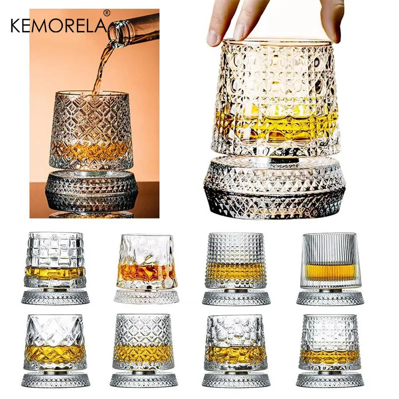 Rotating Whiskey Glass Set 2PCS with Glass Base 360° Spin for Cocktails & Rum